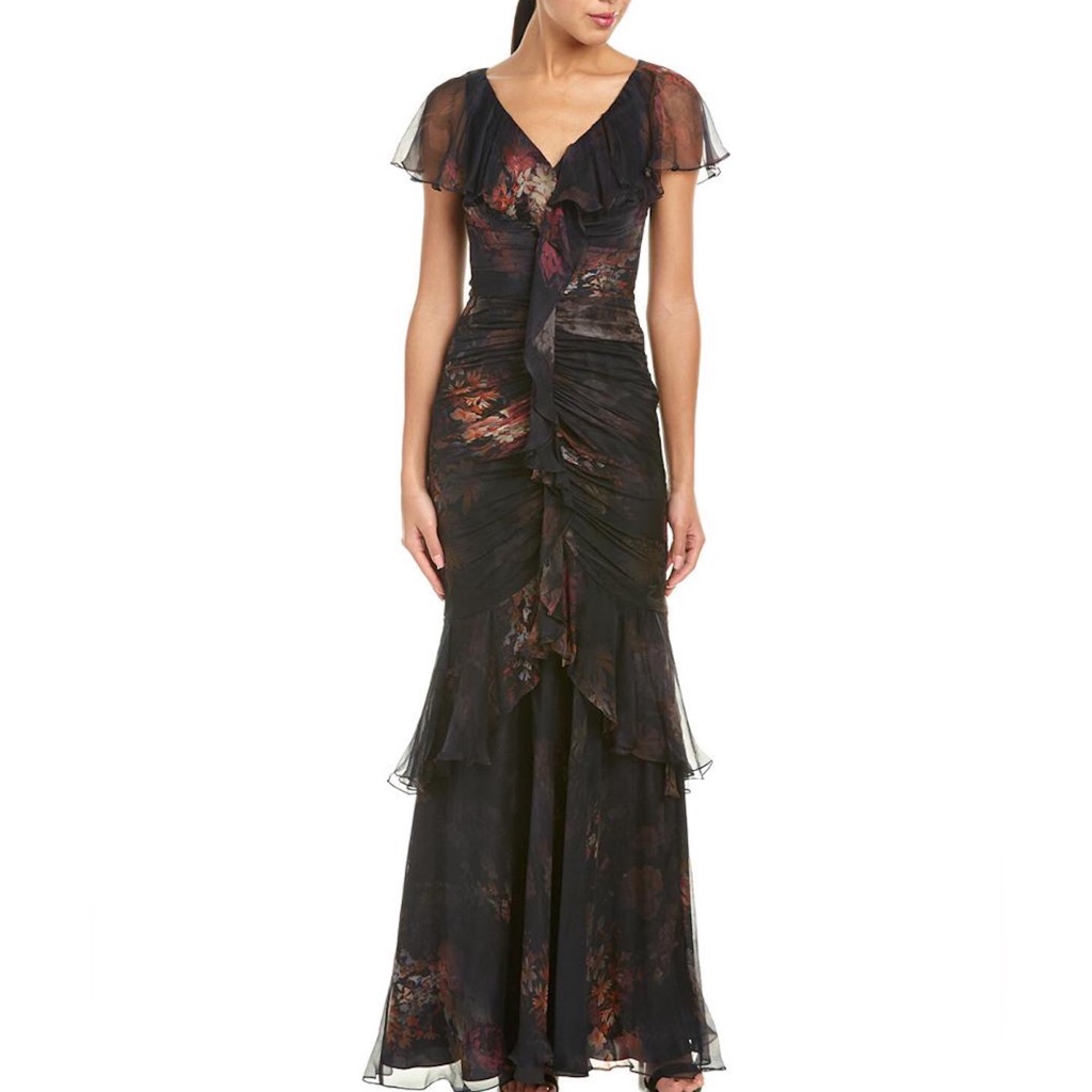 Teri Jon By Rickie Freeman Silk Tiered Floral Gown